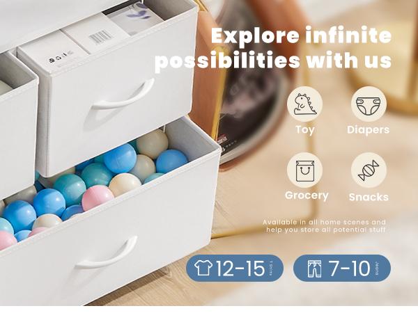 Sweet Furniture S - Organizer Storage 5, Chest of Drawers with Fabric Bins, Long Dresser with Wood Top for Bedroom, Closet, Entryway