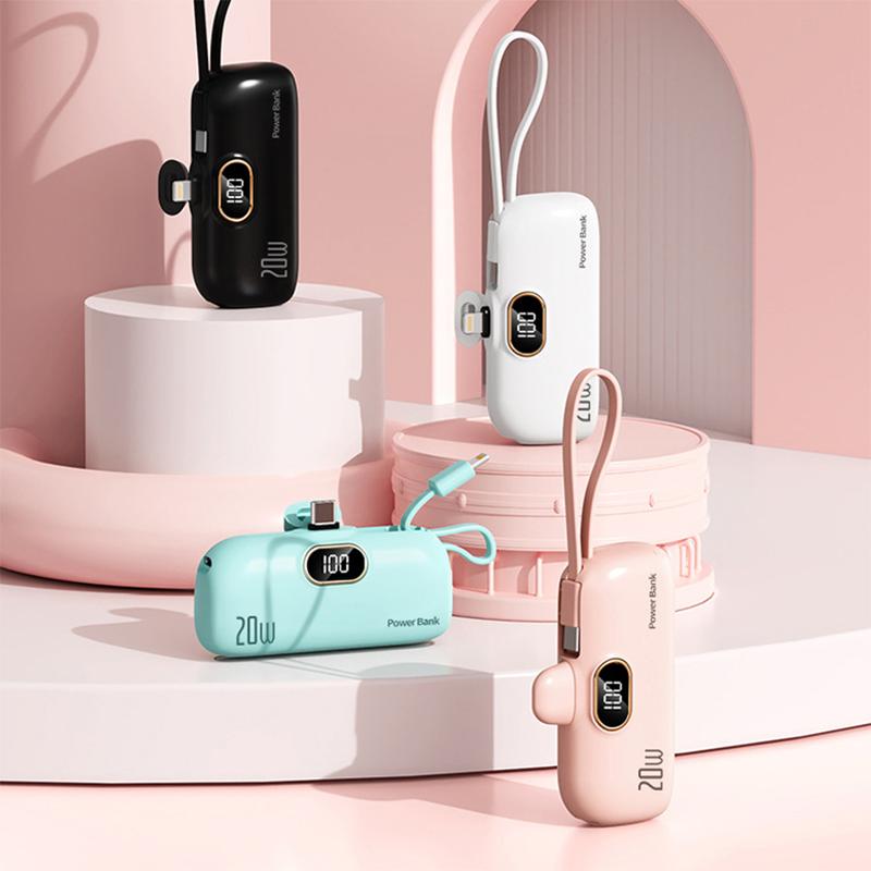 1PCS A pink. 5000mAh Mini Portable Power Bank, PD Fast Charging With LED Display, Type-C & IPhon Cable, Compatible With IPhon 6–15 Series