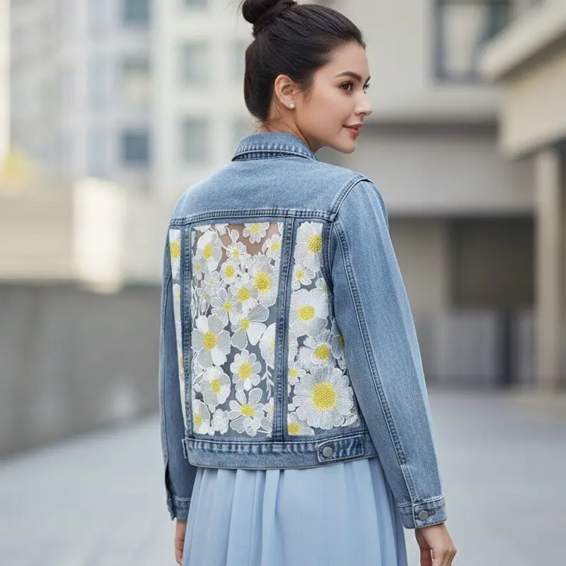 Light Blue Custom Embroidered Denim Jacket for Women, Chamomile Lace Jean Festival Outfit with Unique Embroidered Back and 3D flowers