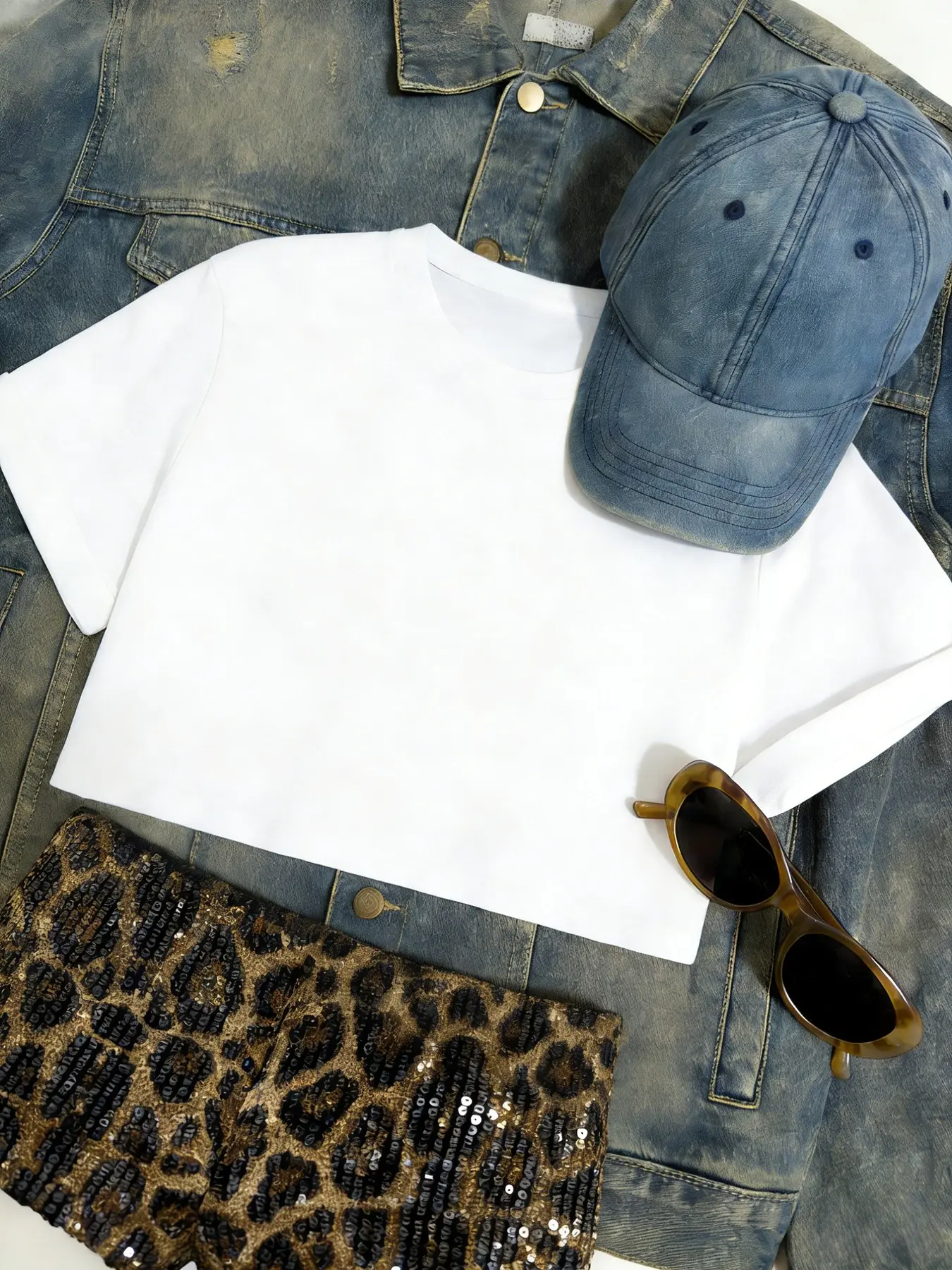 Sweet Cool Girl Style Set, Short T-Shirt + High Waist Leopard Sequin Shorts, Vintage & Trendy, Party Ready, Daily Wear, Womenswear, Clothes, Everyday