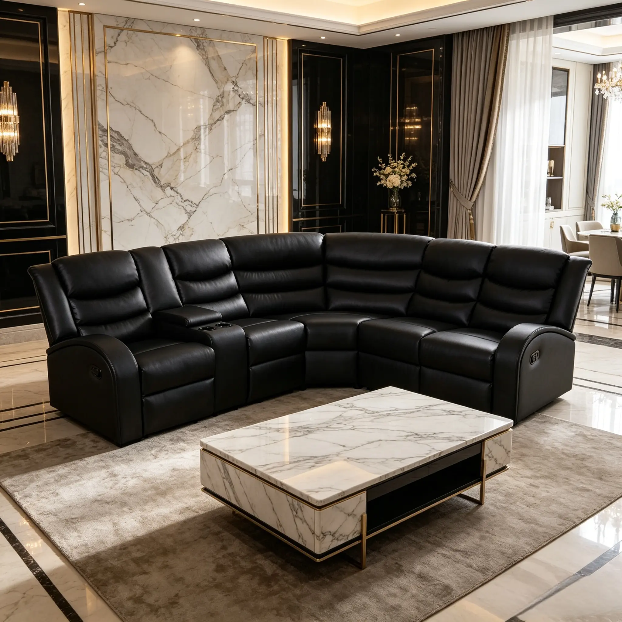 Modern Sectional Sofa, L-Shaped Black Leather Manual Recliner Set with 2 Recliner Seats, Cup Holders, Hidden Console Storage, for Home Office