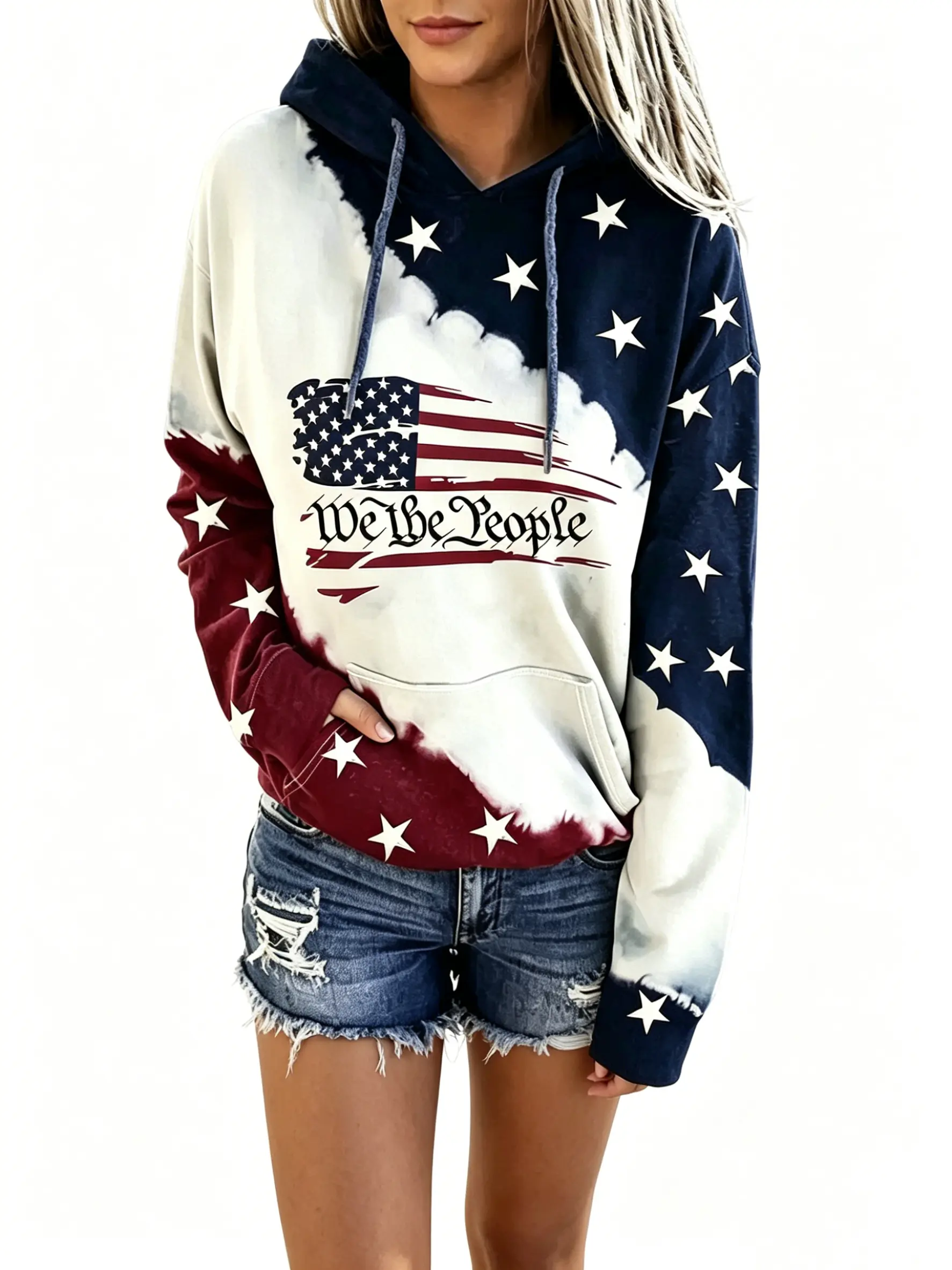 Women's "We The People" American Flag Print Hoodie, Tie Dye Stars & Stripes Patriotic Sweatshirt Mock Neck Sweatshirt Cowgirl Stuff