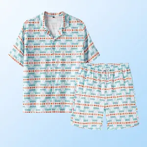 Tropical printed men's matching set includes button up shirt and drawstring elastic waist shorts, blue palm tree silhouette and watercolor splash effect, mint green and white striped multicolor square print