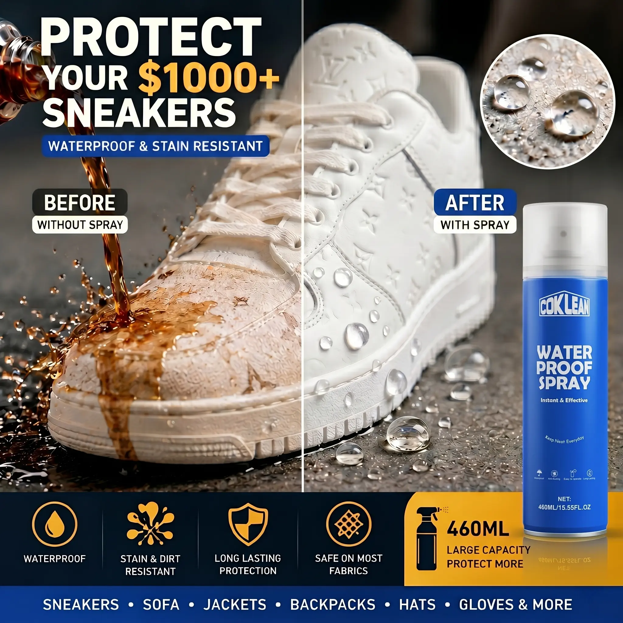 Waterproof Shoe Protectant Spray - 15.55 oz Household Cleaner, Invisible Coat Shoe Guard for Footwear, Covers Hats & Daily Wear, Guards Suede, Canvas, Fabric, Leather Against Rain, Coffee, Dirt (Up to 15-20 Pairs), Cover
