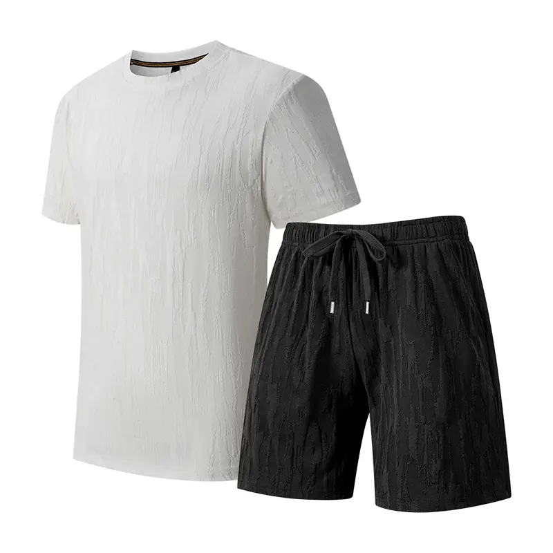 Men's Casual Textured 2-Piece Set, Fitted Short Sleeve Round Neck T-Shirt and Matching Shorts Summer Menswear Outfit, Shortsleeve, Fabric, Clothes, Matching Set, Crew Neck, Basics, Elastane, Holiday, Polyester Blend