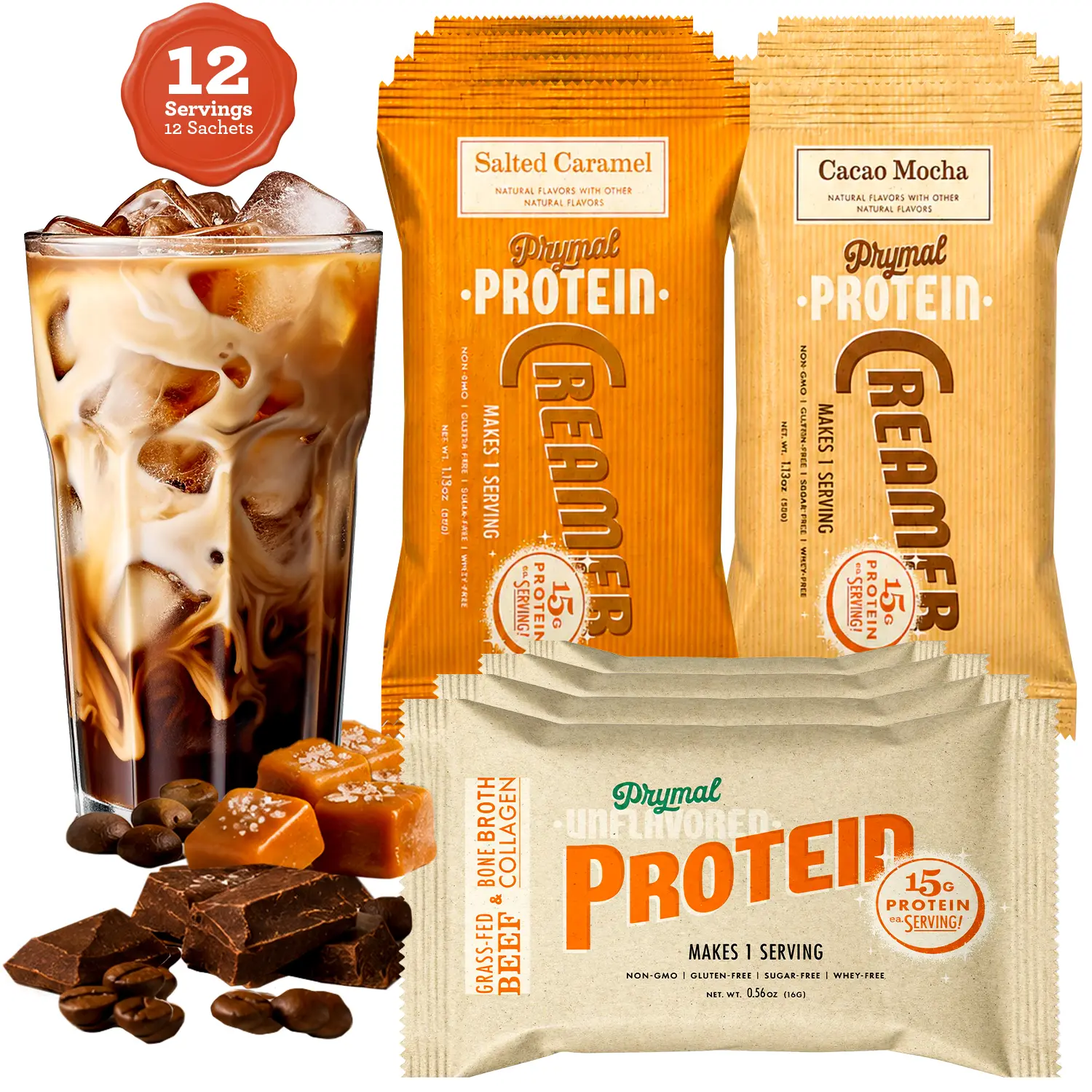 Prymal Protein Collagen Creamer Variety Sampler - 12-Pack  Sachets, Grass-Fed Beef Bone Broth Collagen for Skin & Hair, 15g  Protein per Serving, 0g Sugar, No Seed Oils, Gluten-Free