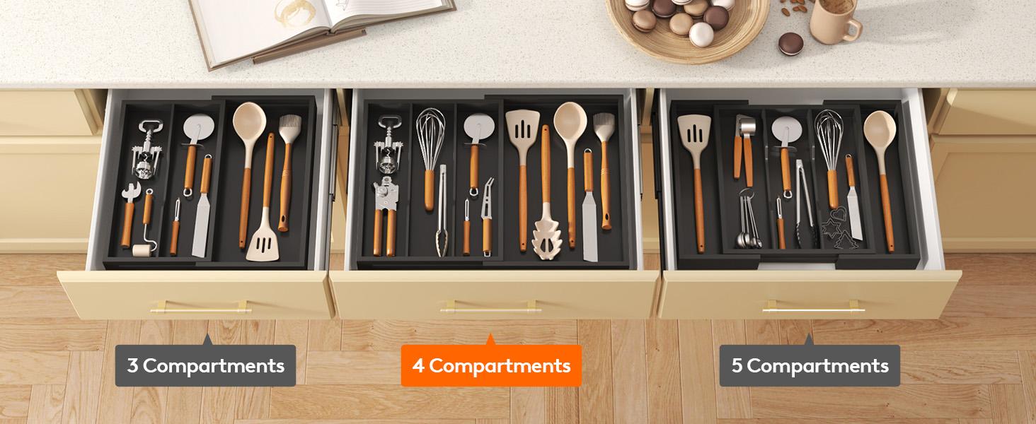 Lifewit 4 Compartments Bamboo Utensil Drawer Organizer, Expendable Cooking Silverware Tray for Kitchen Drawer