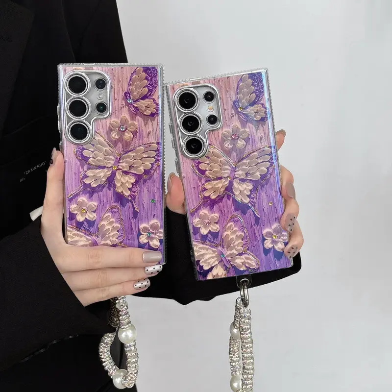 Purple Butterfly Wristband Fashion Phone case for S24Plus/S25/S23ultra/S22 / 17 Pro Max/ 16/15 /14/13 Lens Film HN9