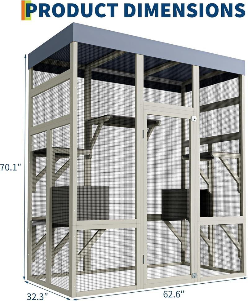 Multi-Level Vertical Cat Villa! 62.6" Gray Wooden Catio Outdoor Pet Enclosure with Waterproof Top Balcony & Indoor Cat Cage, Safe Cat House for Multi-Cat Families