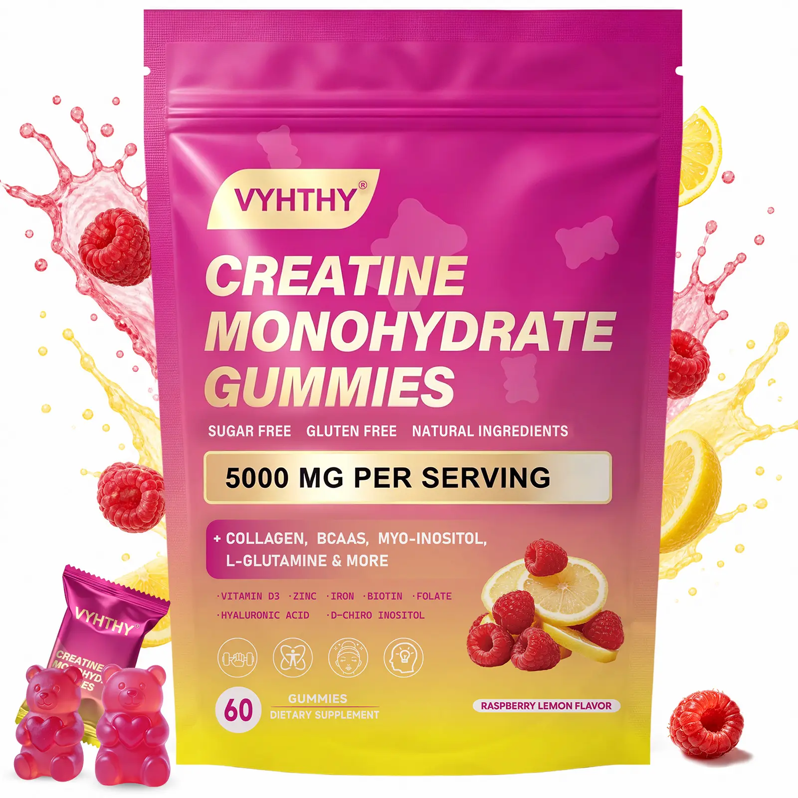 VYHTHY Women's Peach Pout Creatine Monohydrate Gummies - US Edible Dietary Fitness Supplement with Protein Collagen, BCAAs, Inositol, Vitamin D3 for Healthcare, Muscle Boost, Skin Care, Nail Health, Pre-Workout Support
