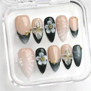 PG24 Elegant Floral Green Almond Nails Meticulously Handmade 10 PCs Solid Design 3D Gel Press-On Nails | Reusable, Long-Lasting Salon-quality