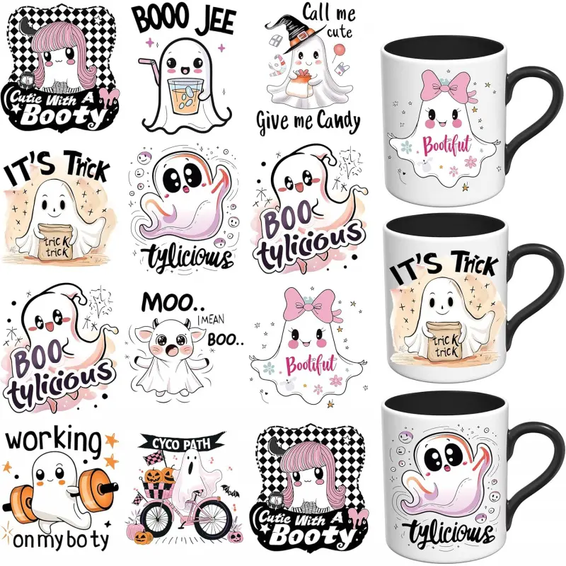 UV DTF Stickers - 12 Sheets Funny Halloween Ghost UV DTF Cup Wrap for Coffee Mugs Glass, DIY UV DTF Decals for Tumblers, Waterproof Rub on Transfers for Crafts