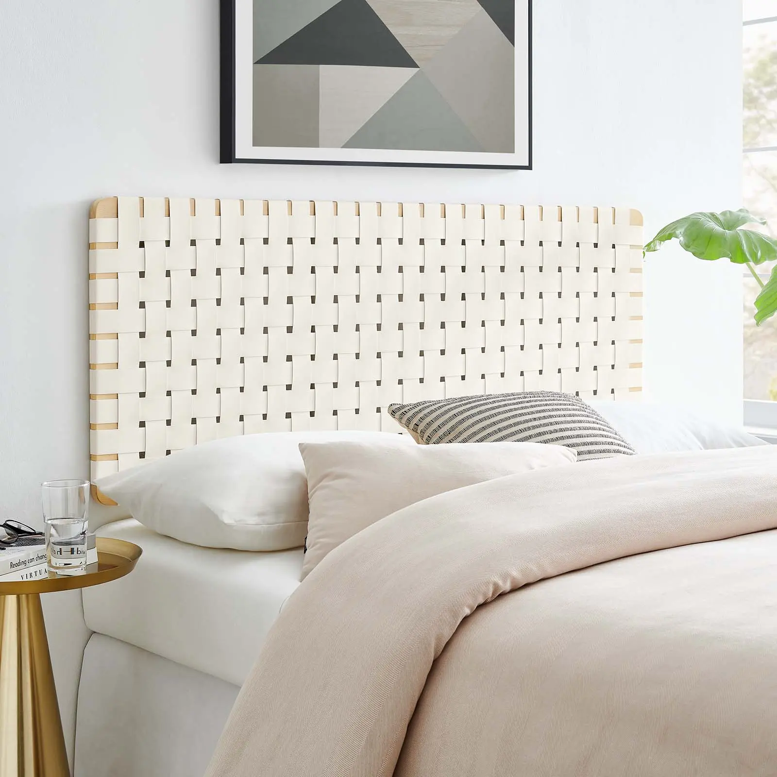 Modway Sparta Basket Woven Vegan PU Leather Full Headboard - Bedroom Furniture, Indoor Use, Natural Beige for Bedroom Decor