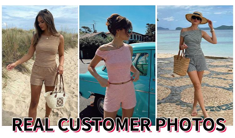 Trendy Queen Women's Striped One Shoulder Two Piece Set - Summer 2026 Viral OOTD Ruched Sleeveless Top & Matching Shorts Vacation Outfit