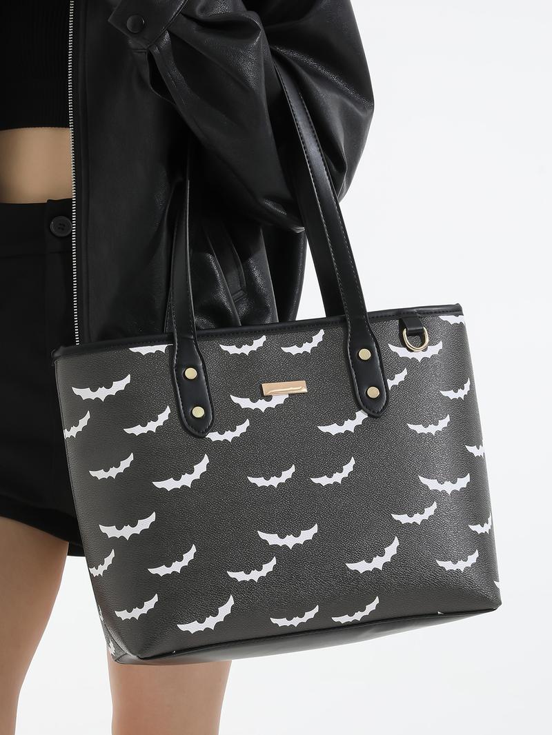 Women's Elegant Bat Pattern PU Leather Tote Bag – Large Capacity Shoulder & Crossbody Bag for Work, Halloween & Daily Use