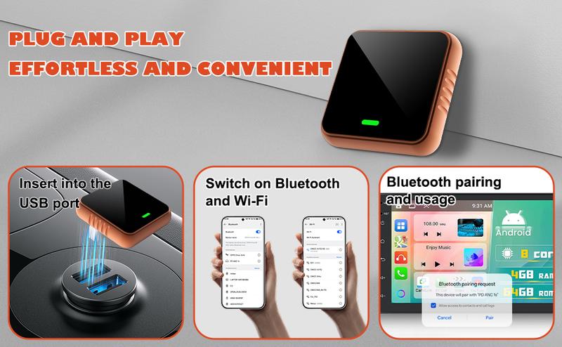 2026 Wireless CarPlay Adapter for iPhone & Android Fast Connection Zero Latency Hands-Free Calling & Charging Compact Orange Design