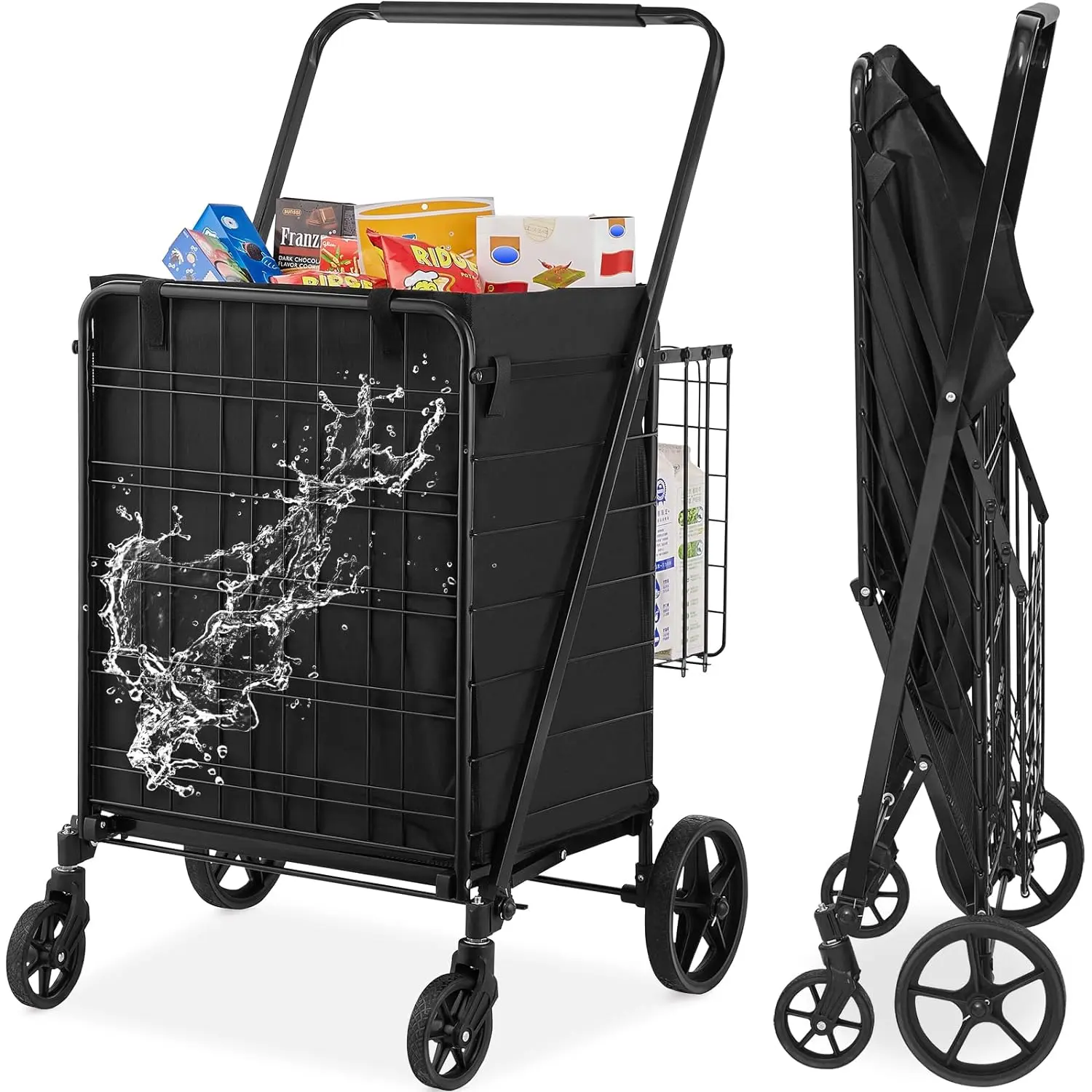 【Summerfinds】VEVOR Folding Shopping Cart with Removable Waterproof Liner Max 330LBS Large Capacity Jumbo Grocery Cart with Dual Basket360° Swivel WheelsDense Metal Mesh BaseHeavy Duty Utility Cart