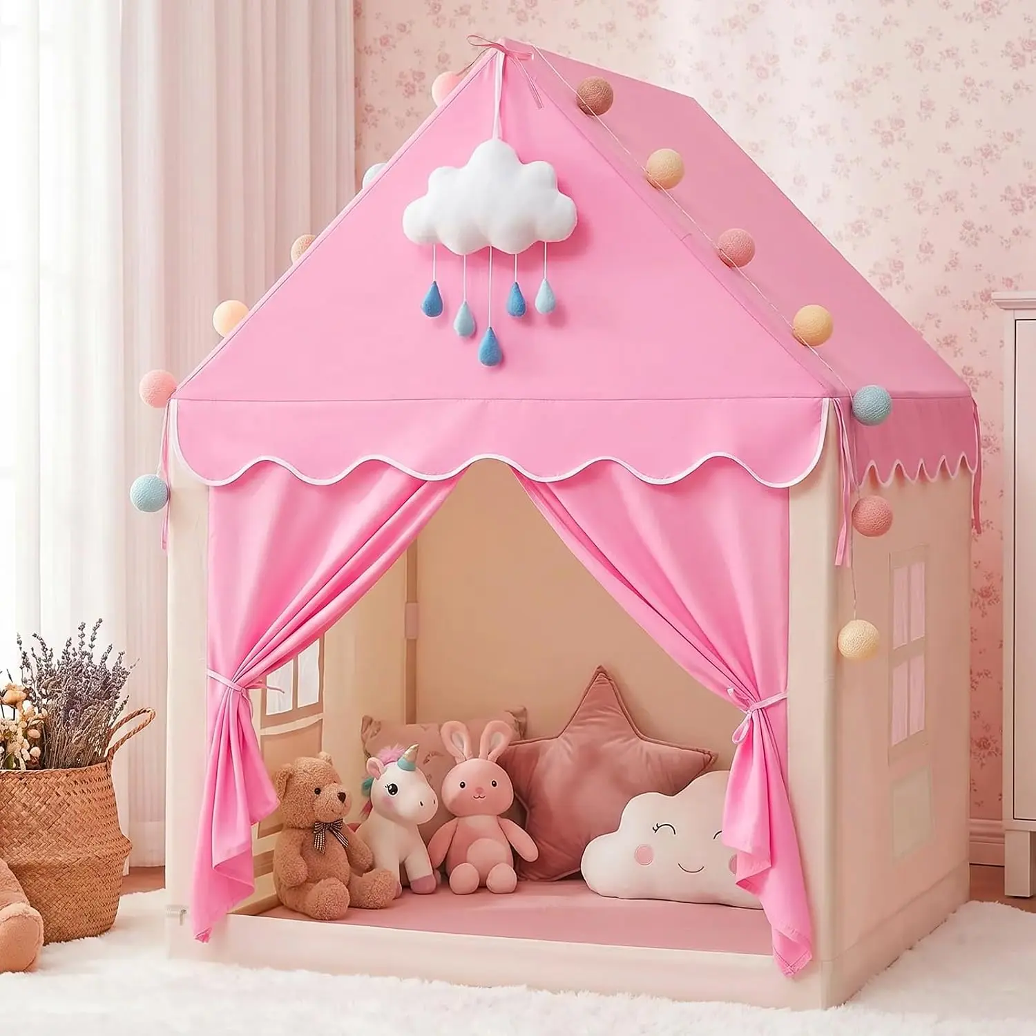 Pink Princess Castle Tent for Toddlers (4-6 Years) - Polyester, 16mm Heavy-Duty Frame, Mat, 6m Star Lights, Portable Indoor/Outdoor Playhouse, Kids’ Reading Nook, Birthday/Christmas Gift Toddler Toys, Cute Playhouses, Tents & Tunnels