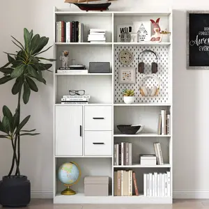 Modern White Bookshelf with 9 Cubby Shelves, Pegboard, & Drawers for Living Room Organization, 79" Tall Wood Shelving Unit