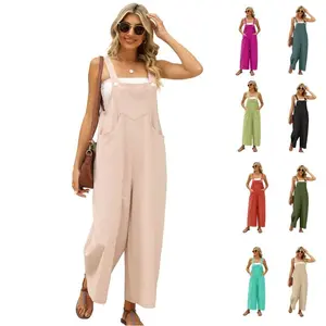 WoodBerry Women's Summer Cotton Linen Bib Overalls Sleeveless Adjustable Wide Leg Jumpsuits Casual Womenswear Loose Rompers with Pockets