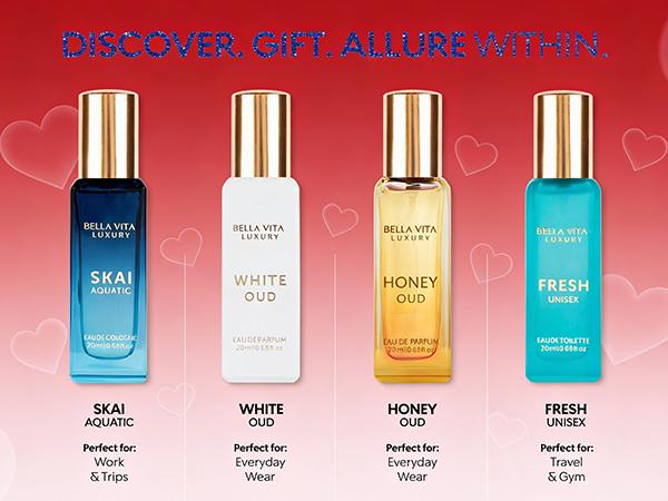 Bellavita Luxury Unisex Mini Perfume Gift Set | 4 Best Selling Fragrances for Women & Men | Travel Size Perfume Set | Perfume Gift Sets for Women | Women’s Day Special