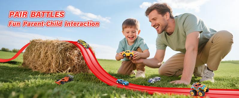 Hotfree 15Ft Flex Tracks Race Car Ramp Set, Slot Car Race Tracks, STEM Flexible Racetrack with 4 Mini Cars, 12 Suction Cups & Hook, Compatible with Hot Wheels & 1:64 Diecast Cars, Portable Roll-Up Track, Birthday & Christmas Gift for Kids Ages 3+ Figures