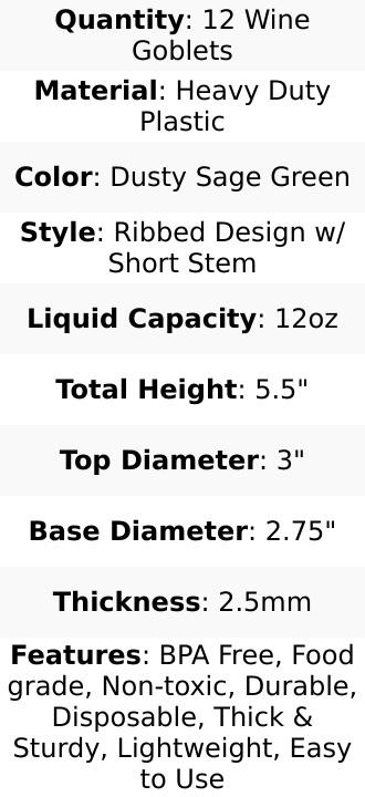 12-Pack Plastic Goblets Dusty Sage Green Vintage Ribbed Pattern Short Stem - Reusable Wine Glasses 12oz