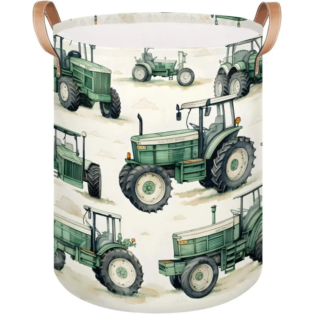 Vintage Green Canvas Tractor Print Laundry Hamper - Foldable, Waterproof Storage Organizer for Kids' Bedroom, Bathroom