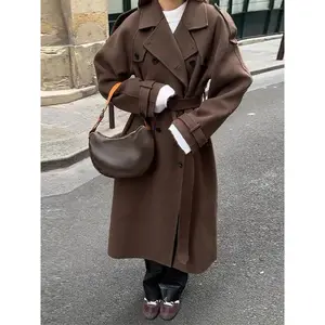 Elegant Women's Woolen Overcoat With Belt Loose Lapel Double Breasted Full Sleeve Long Coats 2025 Autumn Winter Lady Trench Coat