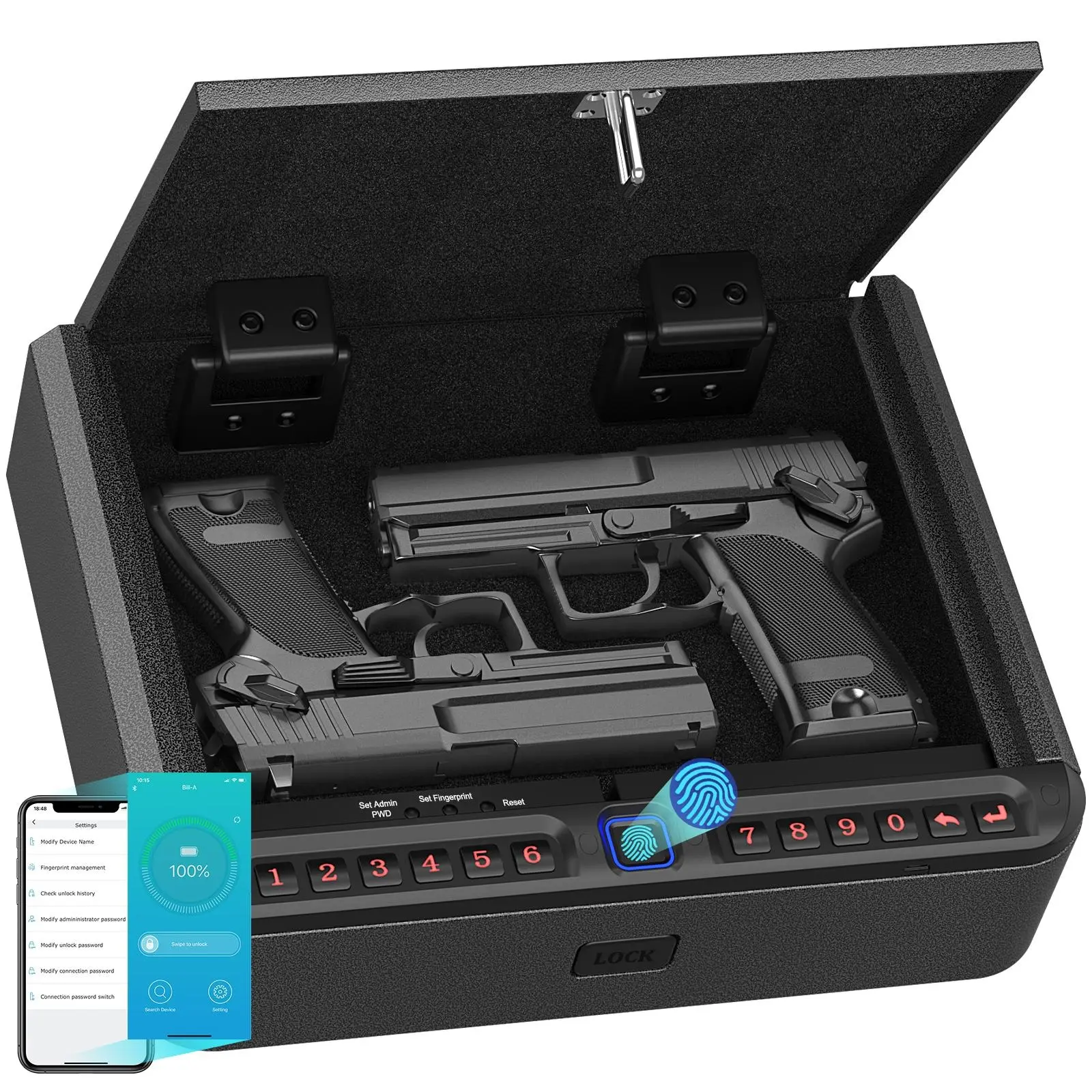 Biometric Gun Safe - 4-Way Quick Access Electronic Digital Steel Portable Home Security Safe with APP Control, Fingerprint, Keypad, Key for Nightstand, Bedside, Portable Safe, Electronic Safe