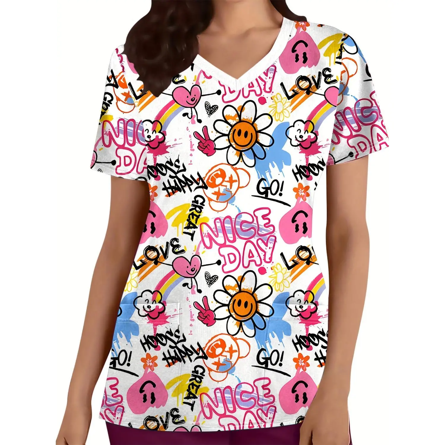 Women's Glittering Diamond Butterfly V-Neck T-Shirt, Casual Elegant Poly Top with Pocket, Spring/Summer Fashion Nurse Tee, Versatile Short Sleeve Knit Shirt, Oversized Comfort Fit