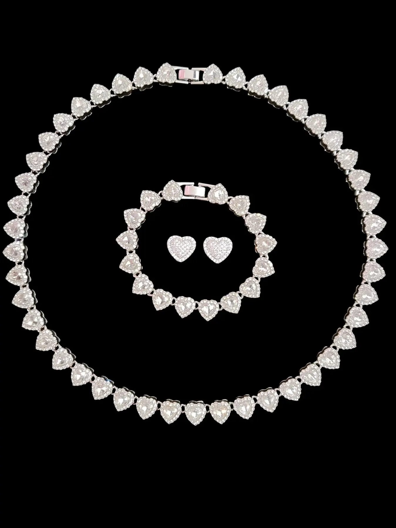 3-Piece Women's Hip Hop Heart Chain Necklace & Bracelet & Artificial Zircon Earrings, Jewelry Gift for Women, All-Season Street Style Accessories, Fashion Jewelry Set, Matching Jewelry Set, Maximalist Jewelry Set, Choker Set, Heart Shine Set