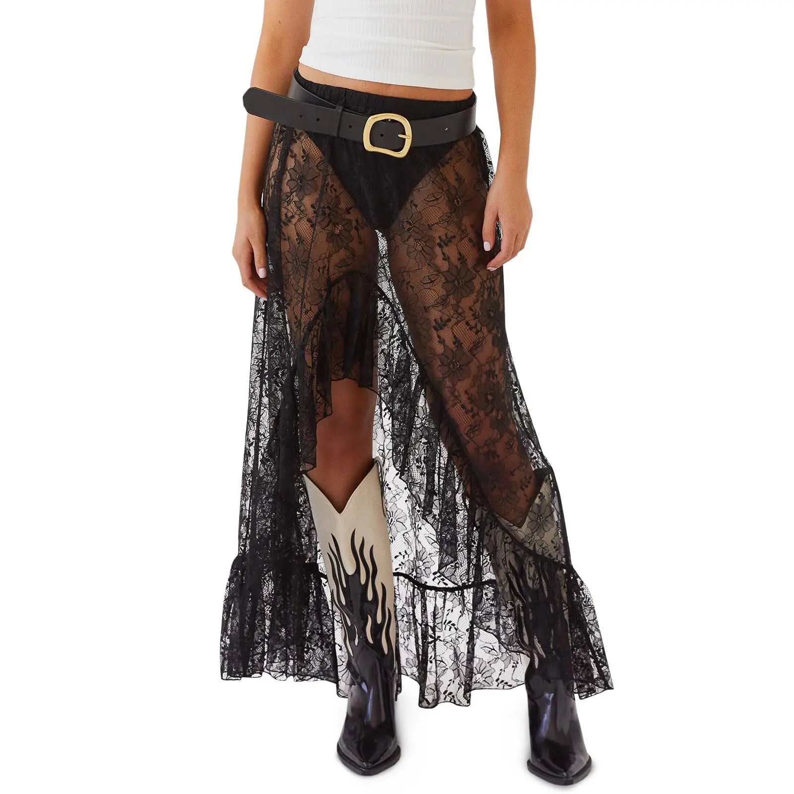 Cicy Bell Women’s Lace Maxi Skirt Summer High Low Asymmetrical Sheer Y2K Sexy Beach Cover-up Long Skirts Belt Bottom Flowy Minimalist Basic Fabric