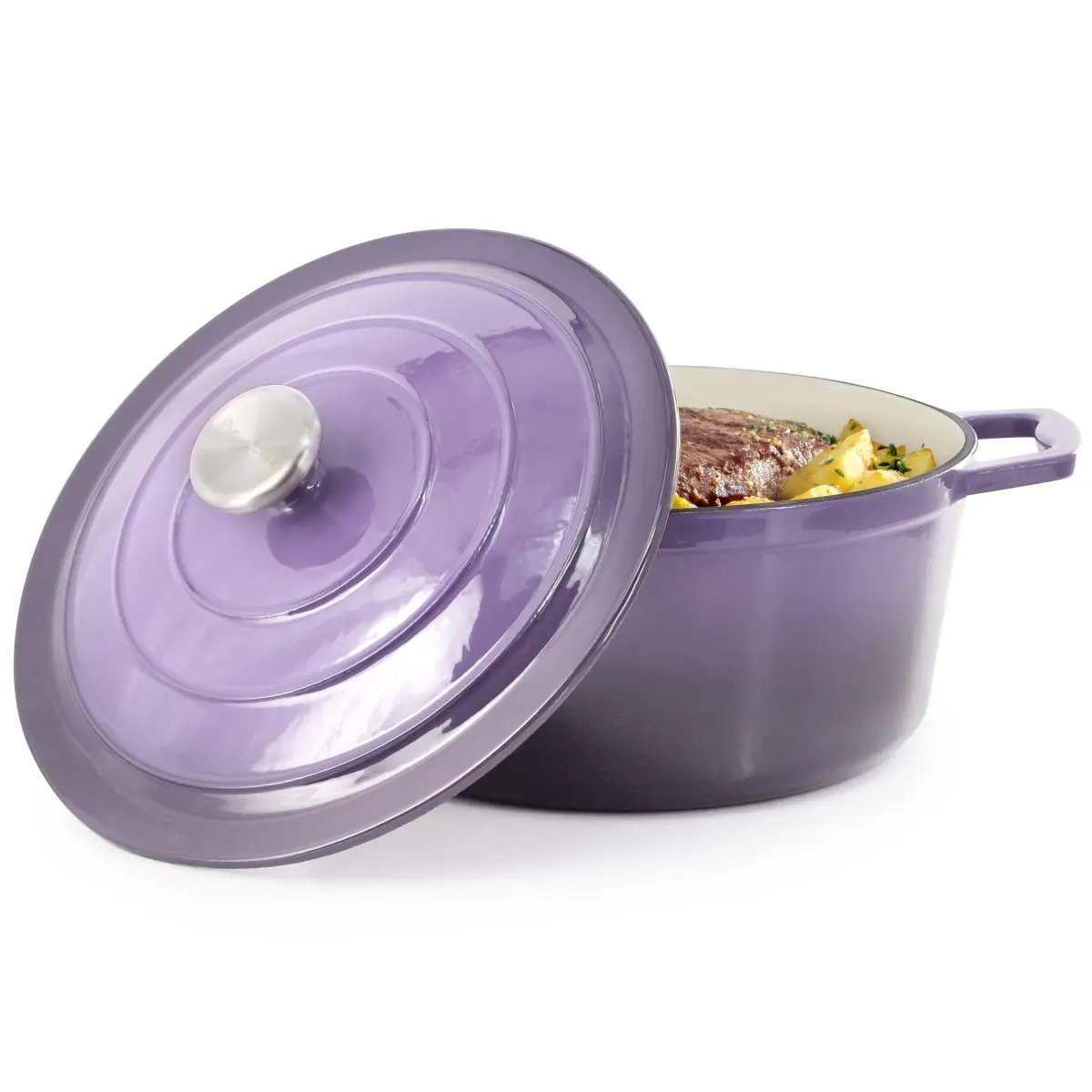 MegaChef MG-CR25AP 5-Quart Round Enameled Cast Iron Casserole Pot with Lid, Handles, Gradient Purple - Oven-Safe Cookware Dish