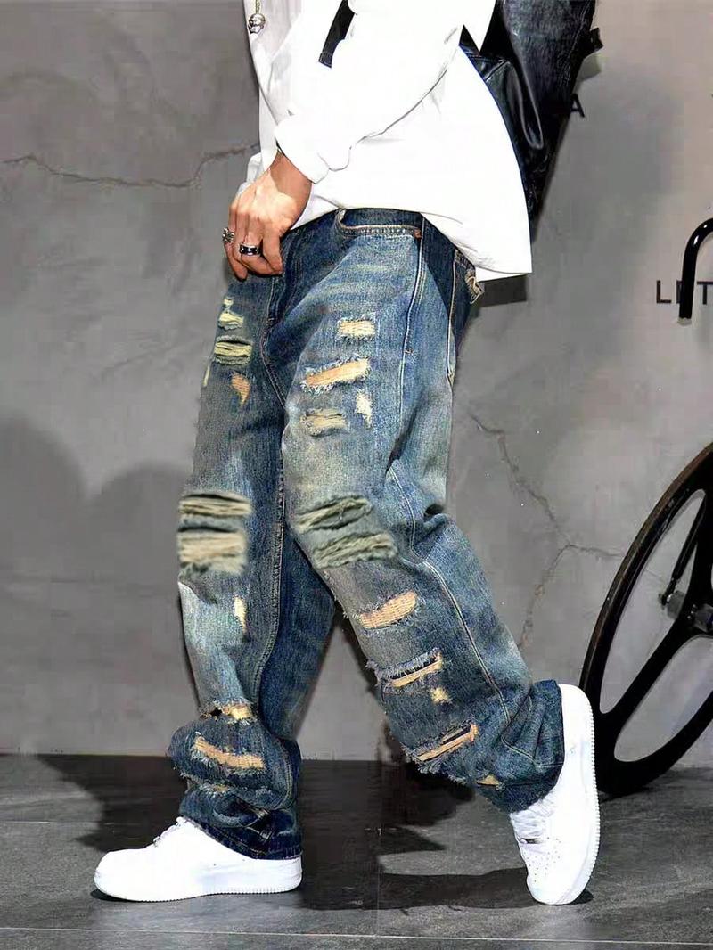 SRETOUU Men's Ripped Distressed Straight Fit Jeans Trousers Loose Fit Comfortable Streetwear Plain Solid Color Denim Pants Asia Size SRETOUU Men's Ripped Distressed Straight Fit Jeans Trousers Loose Fit Comfortable Streetwear Plain Solid Color Denim Pants Asia Size