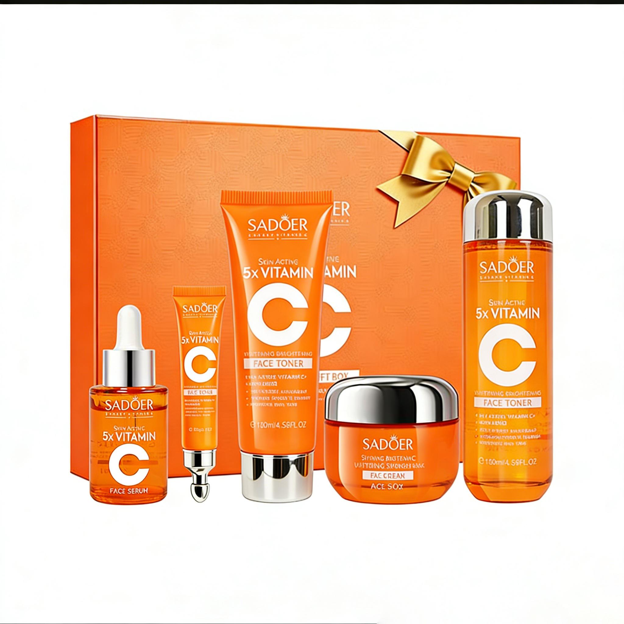 5X Vitamin C Facial Care Set 6-Piece Pack with Cleanser Toner Face Serum Cream & Eye Cream Gentle Skin Cleaning Care Travel Size Kit  for Moisturizing, Brightening, Anti-wrinkle, Radiant Glow - Daily Skincare, Best Gift Daily