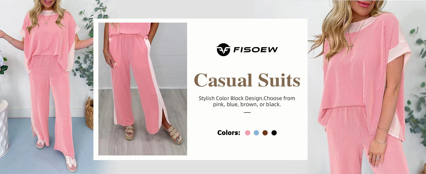 Fisoew Women’s Ribbed Two Piece Outfit Color Block Short Sleeve Top & Wide Leg Pants Set with Pockets SpringStatements