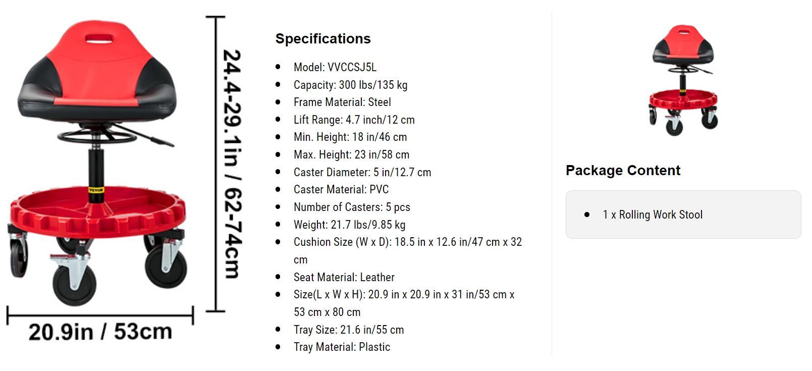 VEVOR Rolling Gear Seat, TikTokShopBlackFriday, 300LBS Capacity, 18"-23" Height Adjustable, Mobile Mechanic Garage Stool with Tool Tray and 5" Casters, Pneumatic Stool for Workshop, Garage, Auto Repair Shop