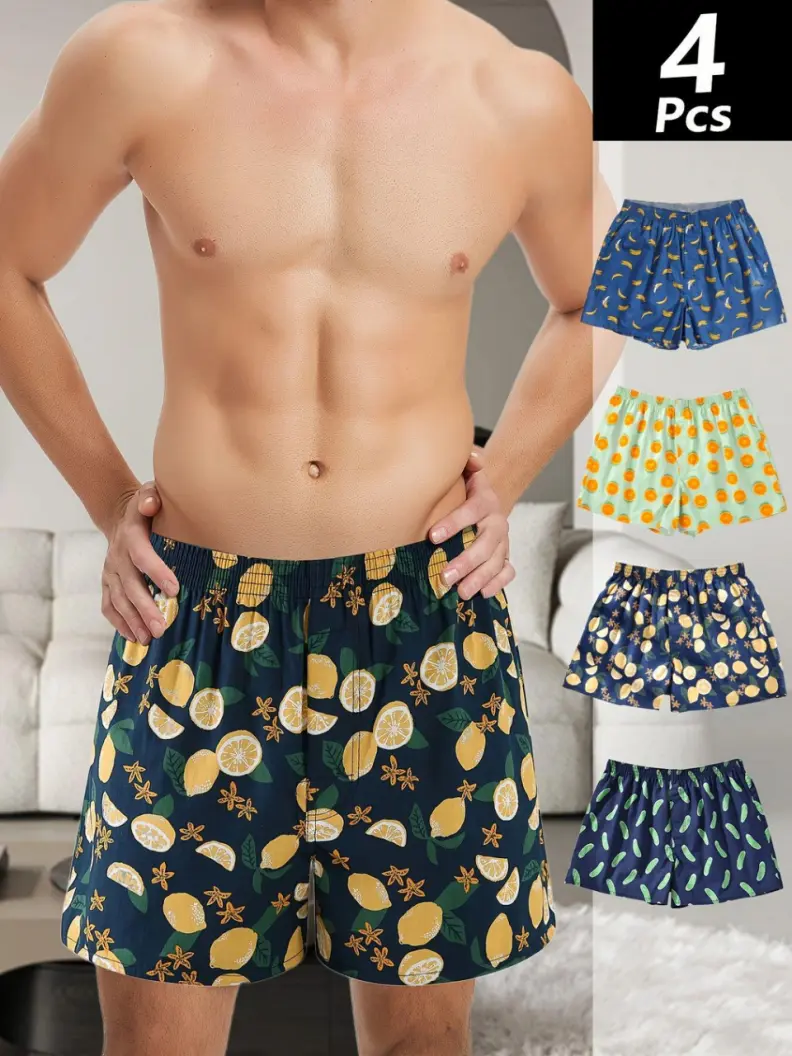 Mens Boxers Shorts Funny Boxer Sleep Short Plaid Cotton Loose Woven Boxers for Men Underwear Menswear 4 Pcs Set