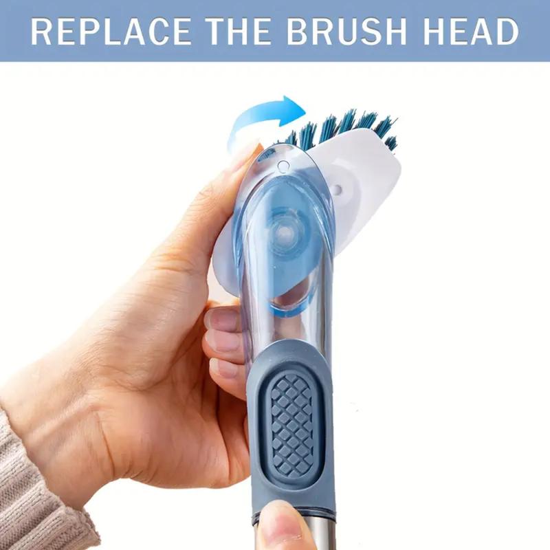 Kitchen Dish Brush with Soap Dispenser Set - 4 Replaceable Cleaning Heads Ergonomic Handle Scrub Brush for Dishes Pans Sink Household Cleaning Tools