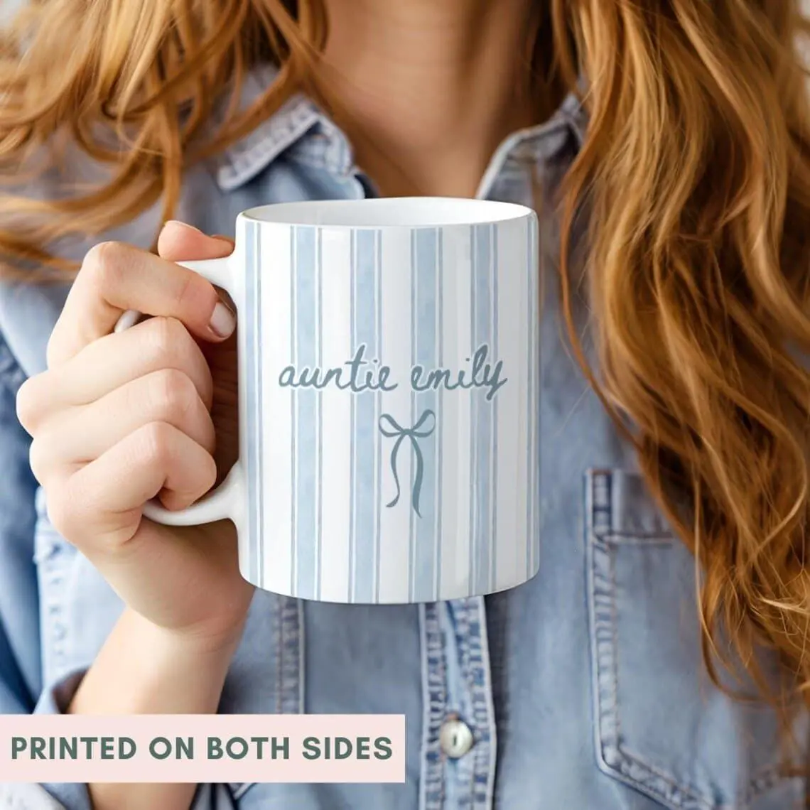 [Sale off up to 50%] Custom Name Auntie Mug, Baby Announcement Gift For Aunt, Blue Stripe Coffee Cup, Personalized Pregnancy Reveal, New Aunt Gift Idea, 11oz & 15oz ceramic mug