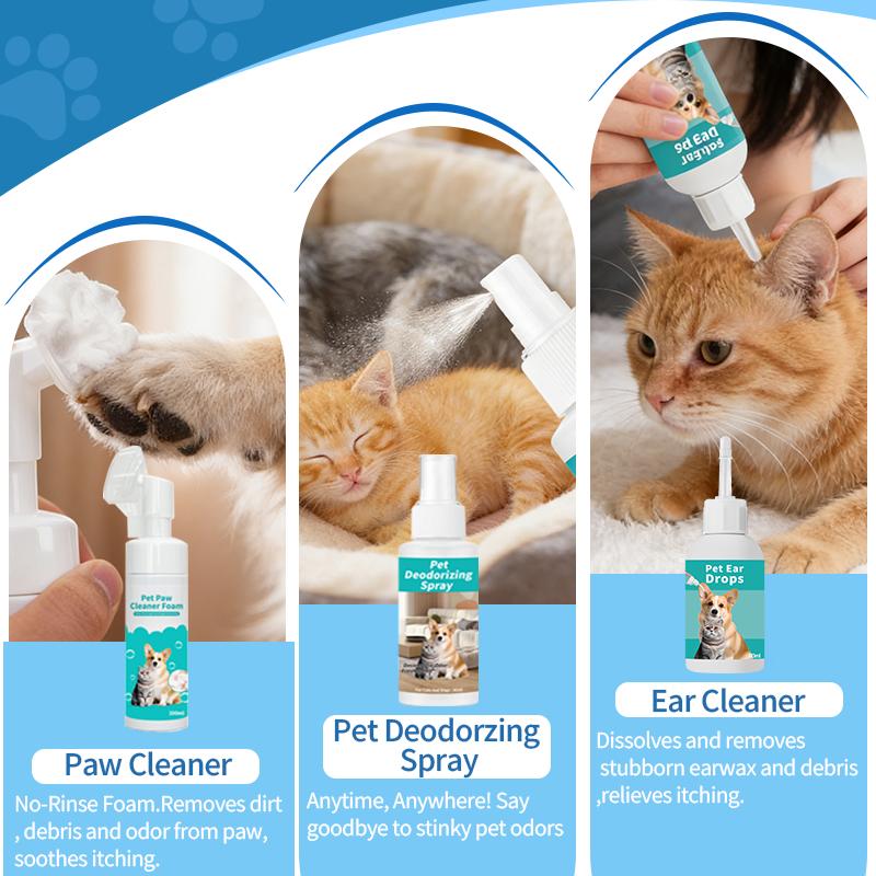 6Piece All-in-one Grooming Kit - Pet Grooming Glove Wipes 6PCS/PACK & Pet Teeth Cleaning Finger Wipes 50pcs & Pet Eye Wipes 100 Pcs &  Pet Ear Drops 60ml & Pet No-Rinse Paw Cleaner 100ml & Pet Deodorizing Spray 60ml