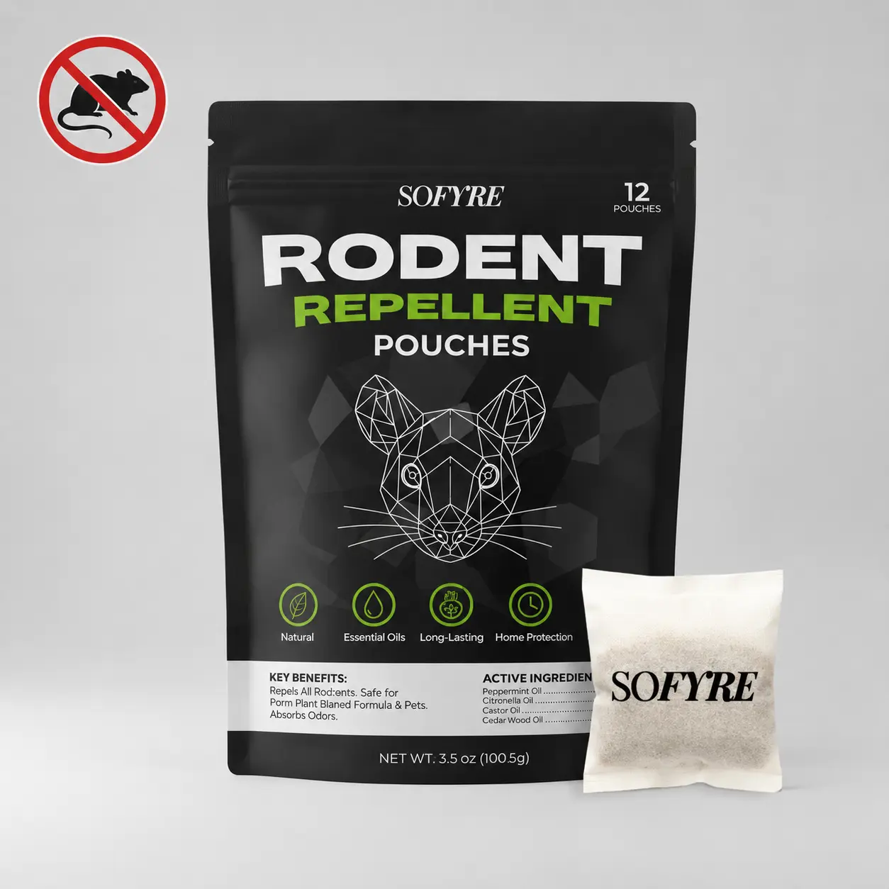 SoFyre Rodent Repellent Pouches (12 Pouches) – Natural Rodent Repellent with Peppermint & Cinnamon Oils, Kids and Pets Safe Rodent Repellent, Long Lasting Rodent Control