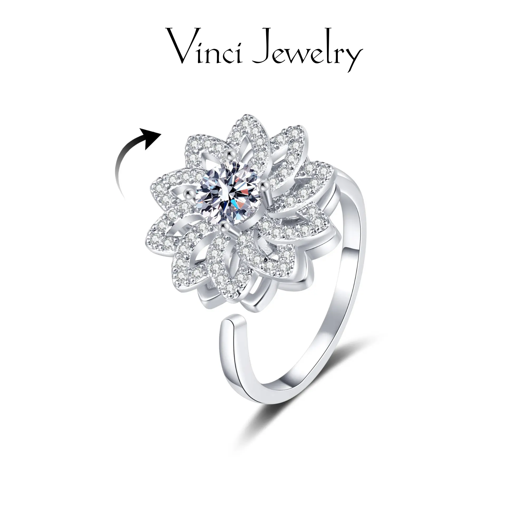 Exquisite Sunflower Spinner Ring with Fidget for Anxiety Relief Design, Elegant and Stylish Adjustable 5A Cubic Zirconia and Daisy Ring, Stressed Reliever Jewelry Gift for Women, Perfect for Casual and Daily Wear, Valentine's Day, Birthday for Her
