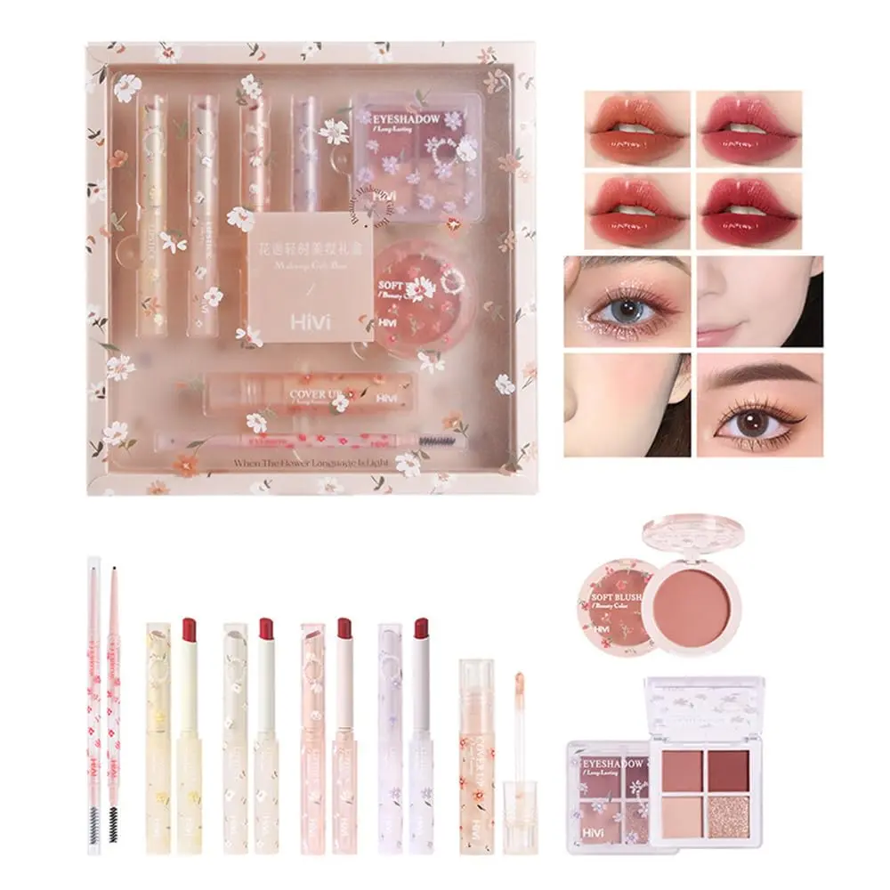 8Pcs Full Set Of Makeup 4color Lipstick Glossy Moisturizing Long Lasting EyeShadow Eyebrow Pencil Concealer Powder Blusher Palette Eyelash Brush Cosmetic Tools Gift