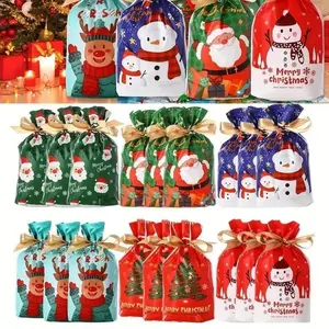 50Pcs Christmas Drawstring Candy Bags - Random 6 Assorted Designs Xmas Treat Goody Bags for Holiday Party Favors, Size 5.91" x 9.06"