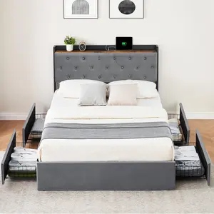 Queen Size Bed Frame Upholstered Bed with 4 Drawers Storage/Charging Station/Diamond Button-Tufted Headboard, Queen Platform Bed/Strong Wooden Slats, Gray