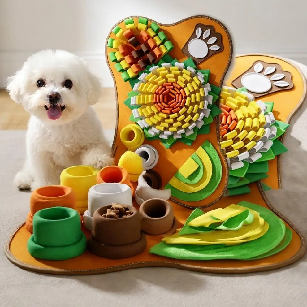 Dog & Cat Snuffle Slow Feeder Mat - Interactive Puzzle Foraging Training Aid, Boredom Relief & Mental Stimulation Toy, Compatible with Water Bowls & Pet Wheelchairs, Foldable for Indoor Sniffing Fun