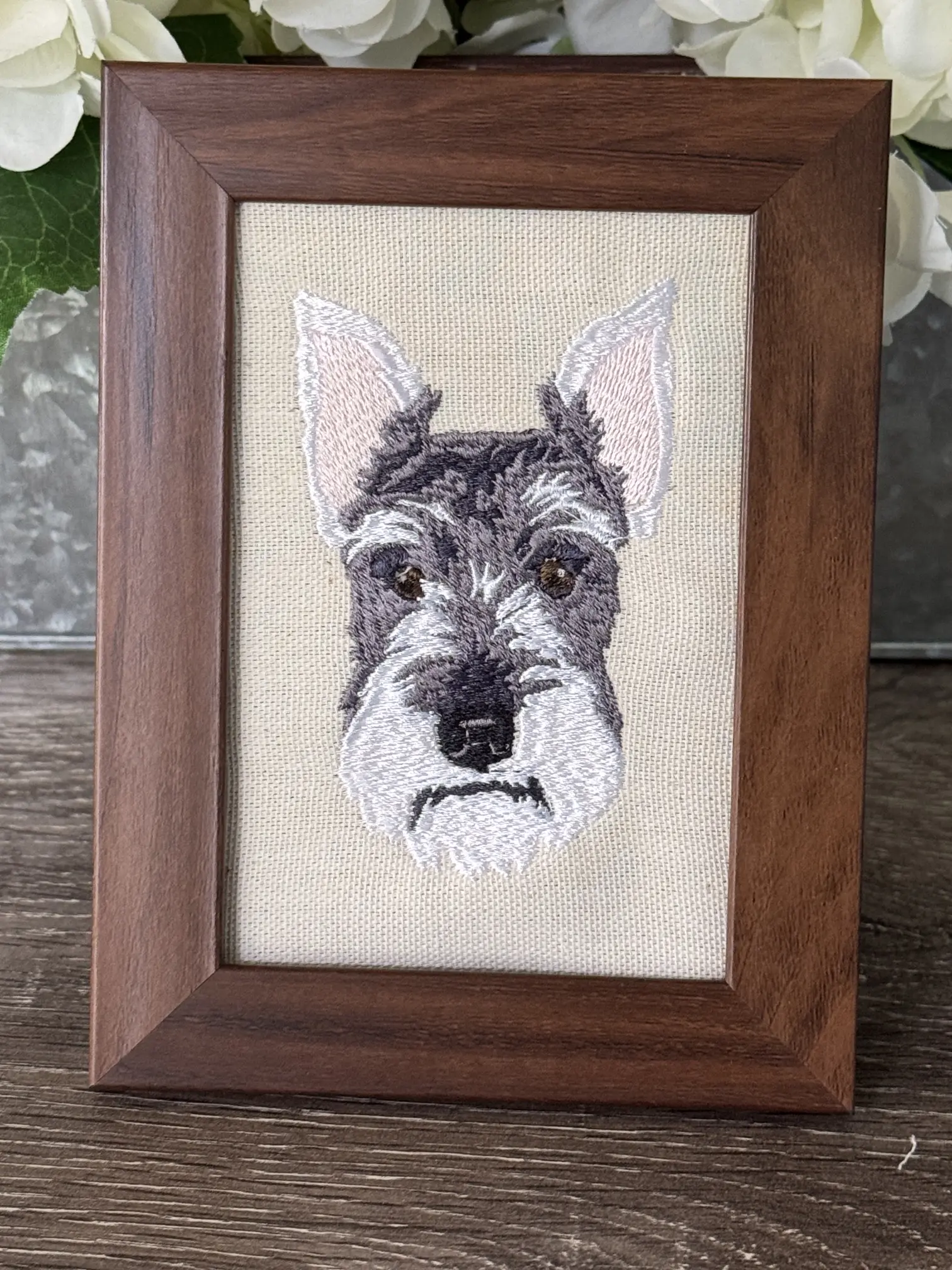 Small Miniature Schnauzer Machine-Embroidered Pictureframe - Fabric Framed Decor, Cute Desk Buddy, Indoor Home-Office Tabletop Mount, Unique Canine Animals Charm, Customizable, Other Dog Breed & Design Options Available