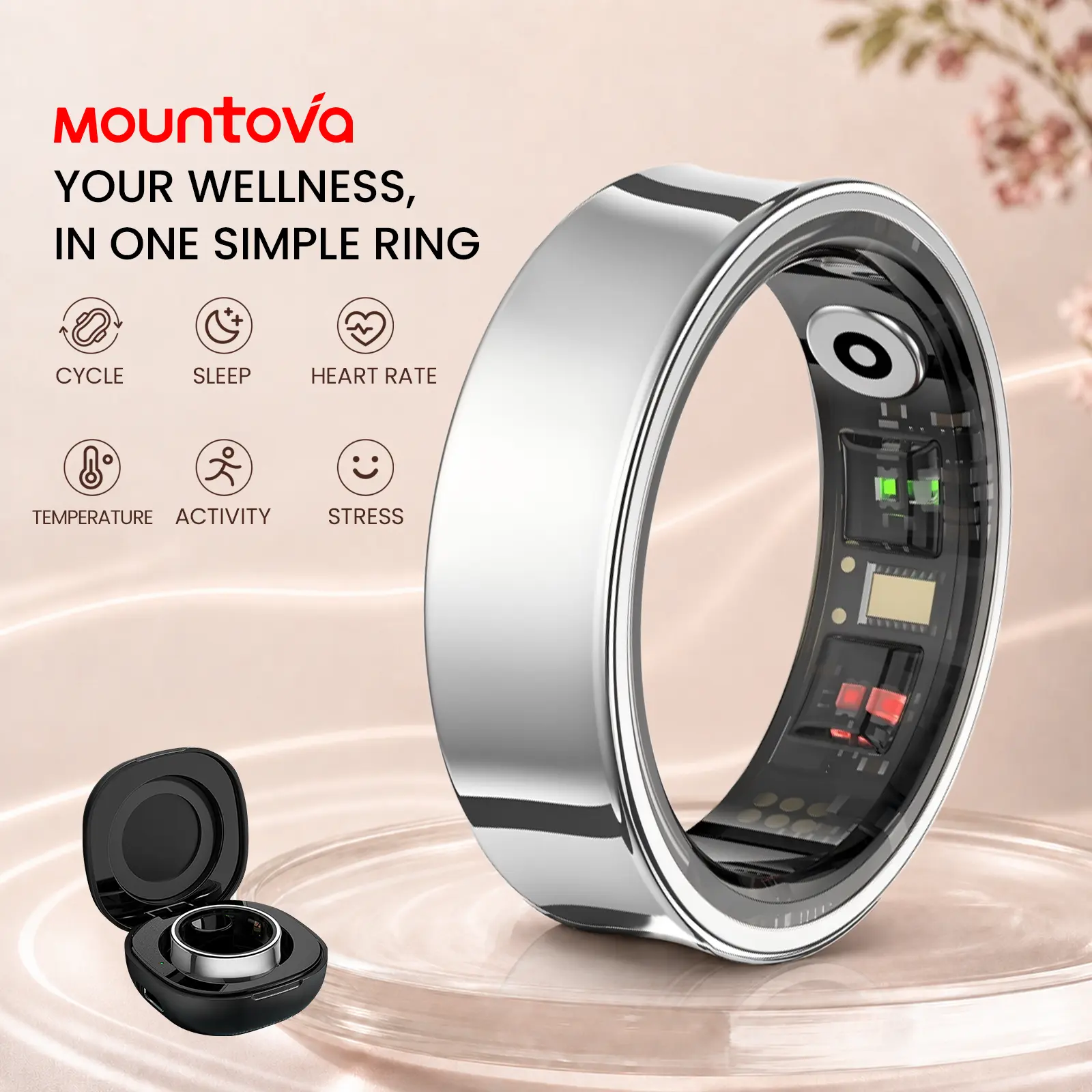 M4 Series Smart Ring Fitness Tracker - Built-in Cells, 24/7 Health Tracking, Heart Rate & Temperature Monitoring, Stress & Cycle Insights, Family Care Mode, No Subscription, Waterproof, Compatible with iOS & Android